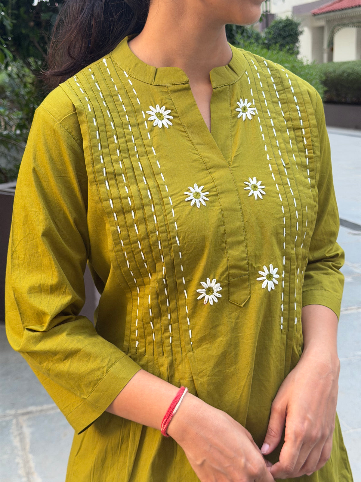 A0707 green cotton coord set with hand embroidery detailing on yoke part
