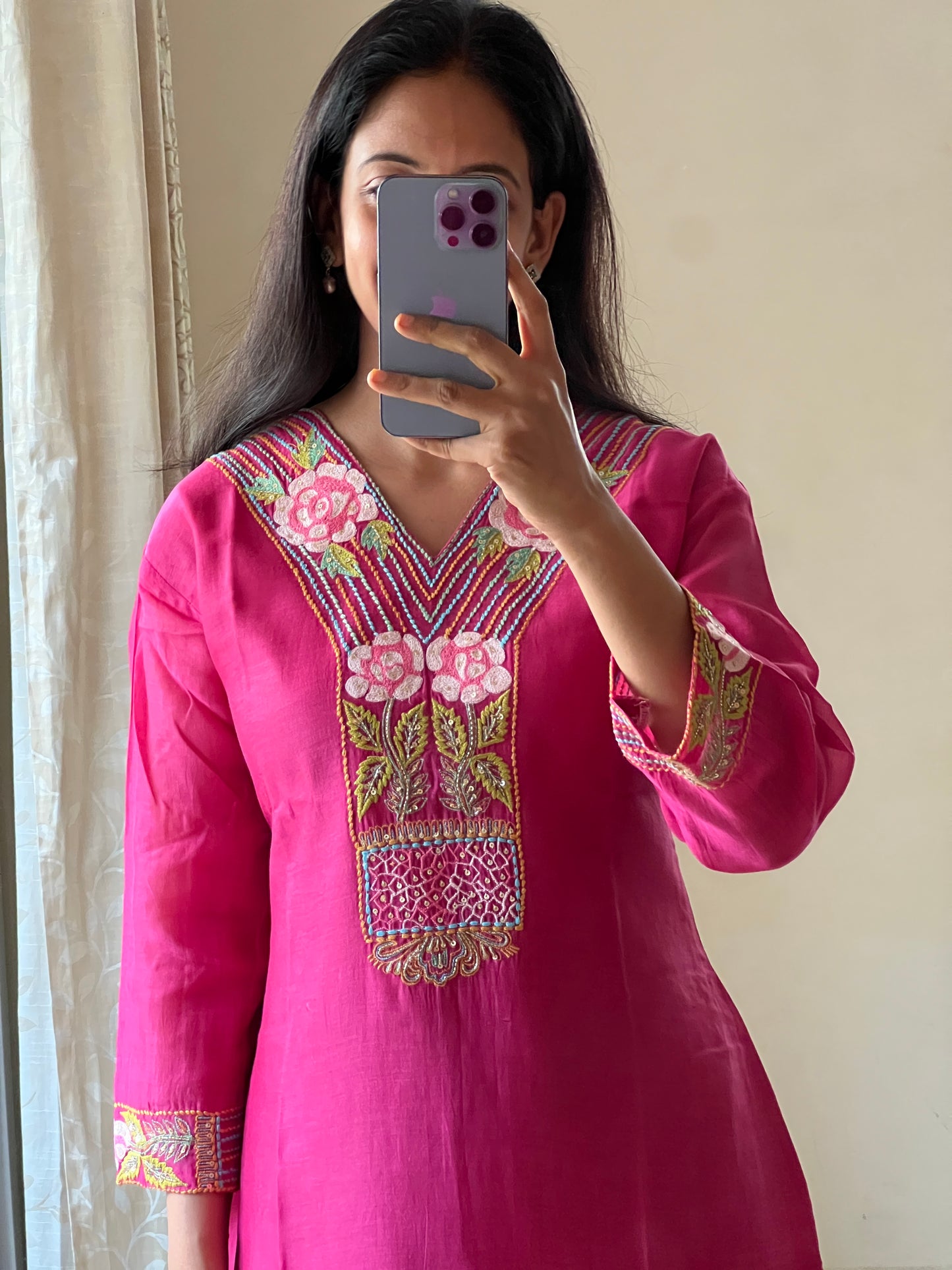 A0148 Pink mul chanderi one piece Dress with hand embroidery Detailing