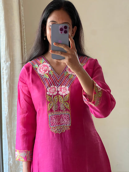 A0148 Pink mul chanderi one piece Dress with hand embroidery Detailing