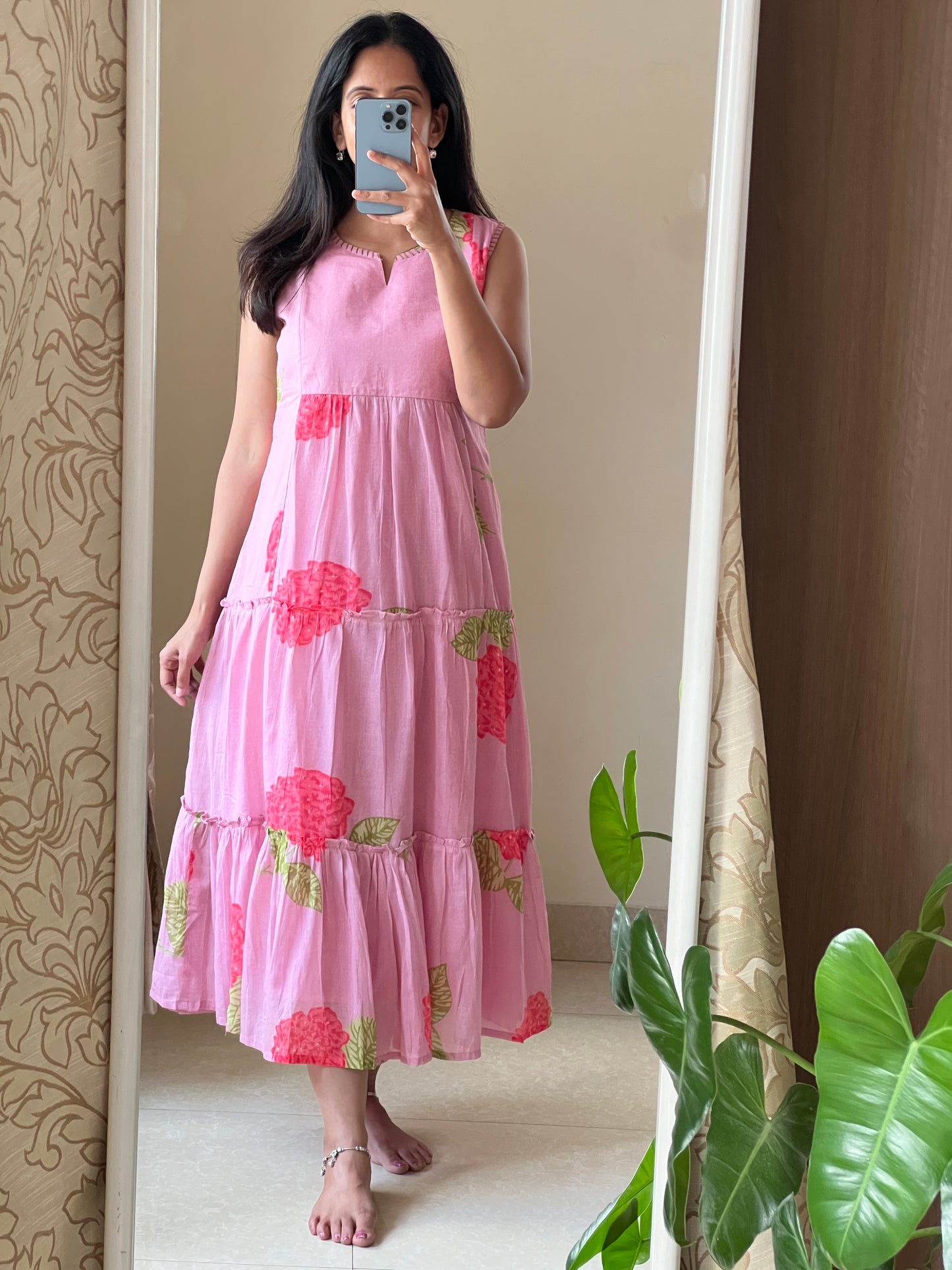 A0576 pink cotton floral printed one piece dress comes with cotton lining inside