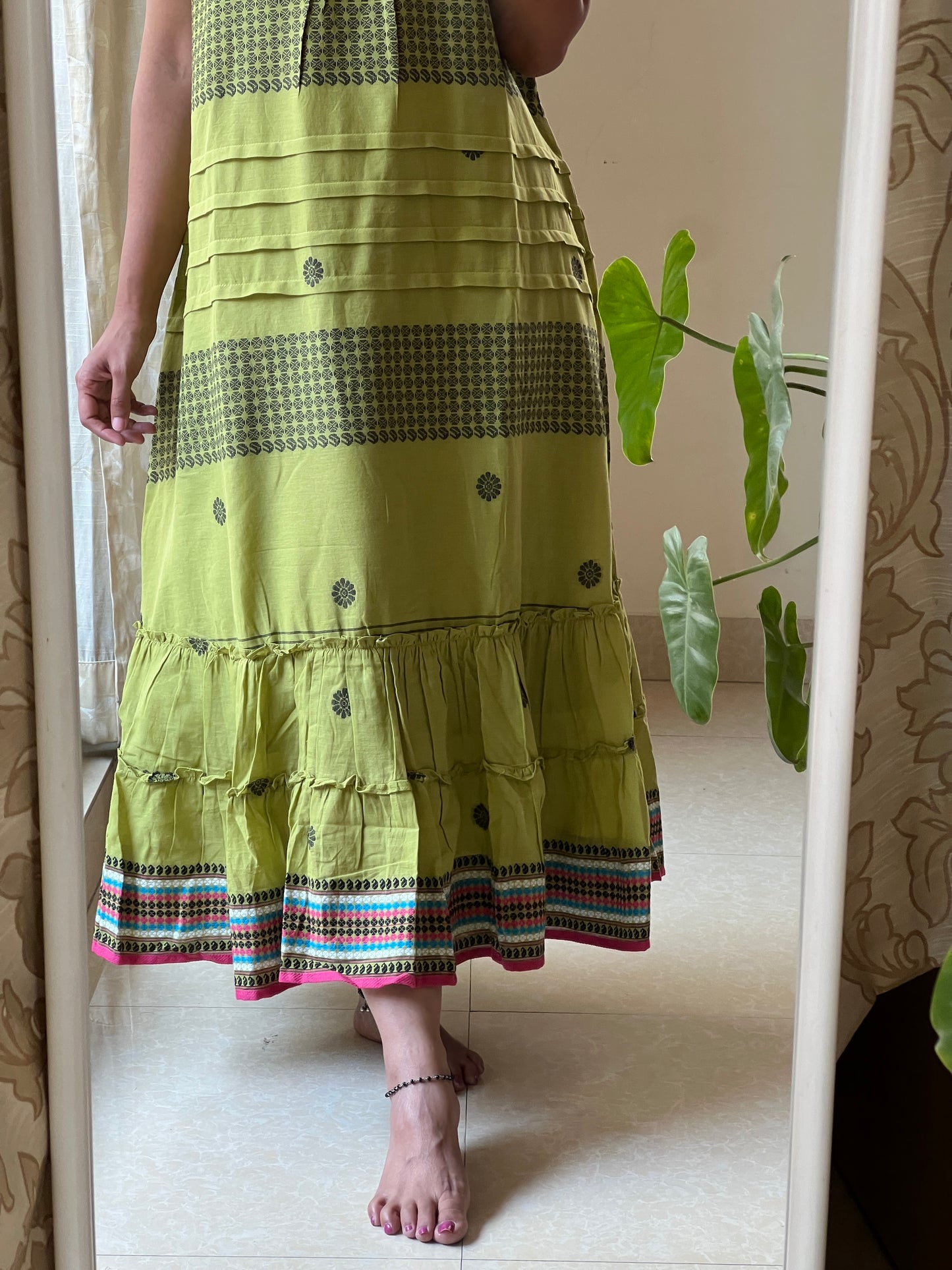 A0362 green Bengal cotton jamdani one piece dress