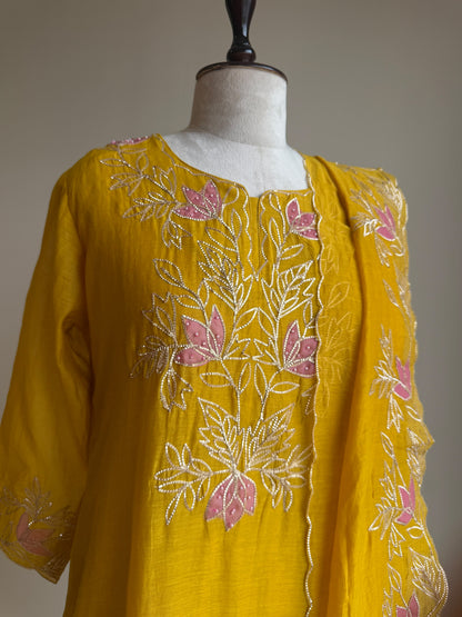 A0847 mustard mul chanderi pitta embroidery 3 piece dress