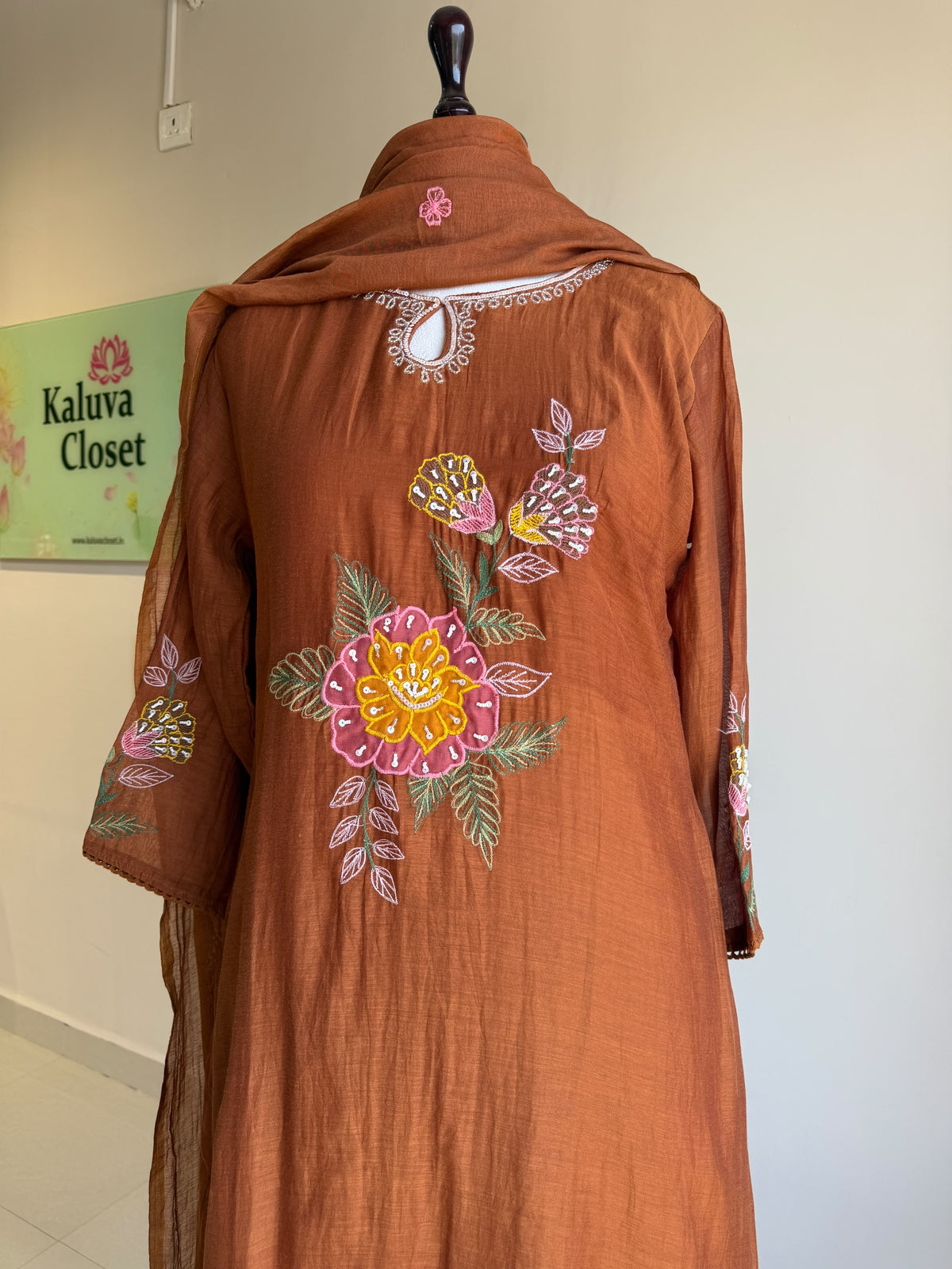 A0855 rust brown mul chanderi applique work 3 piece dress