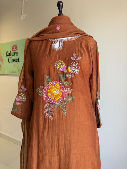 A0855 rust brown mul chanderi applique work 3 piece dress