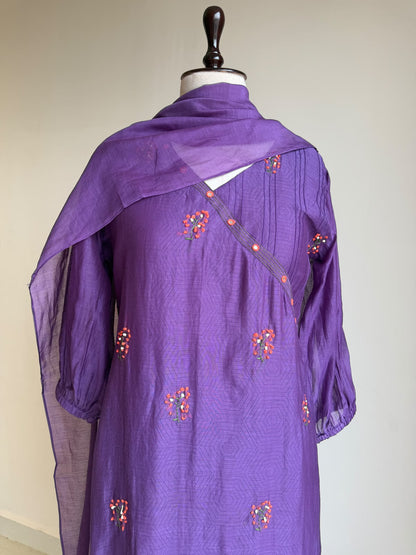 A0850 purple mul chanderi hand embroidery 3 piece dress
