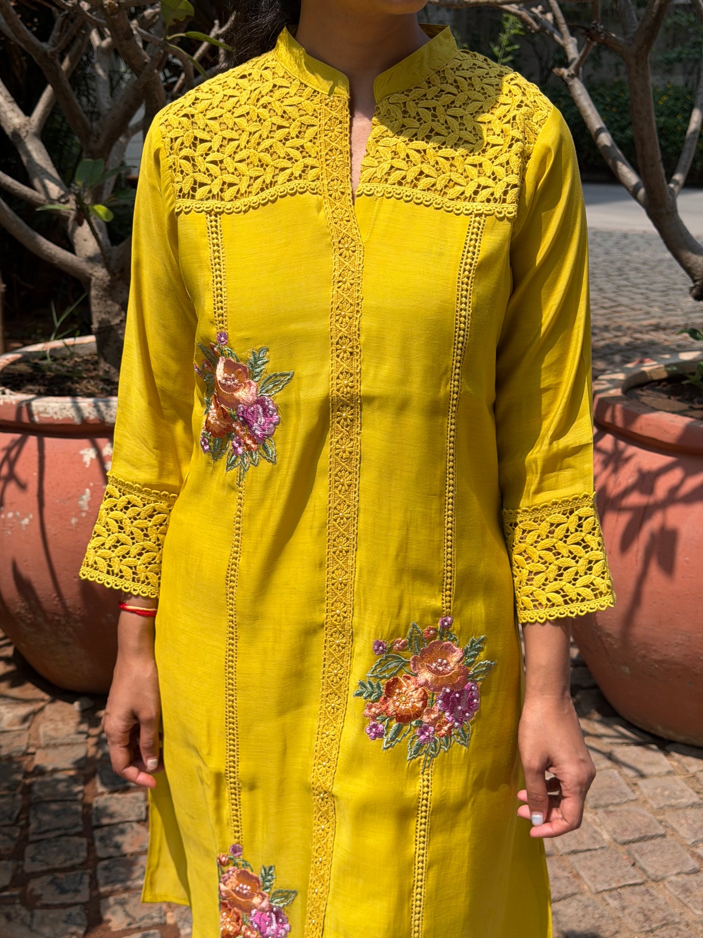 A0654 Budget friendly Yellow Mul Chanderi cord set with embroidery and lays detailing. These are one sizes down so mentioned tag size vs actual size 38-36,38-40,40-42,42-44,44-46