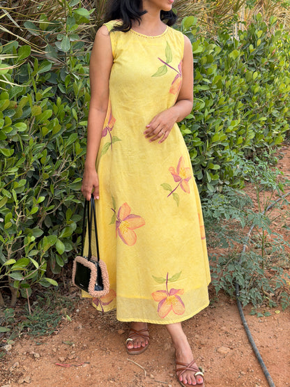 A0749 yellow mul cotton digital printed dress comes with lining