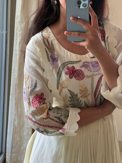 A0393 half white Mulmul one piece dress with kantha work detailing on yoke part