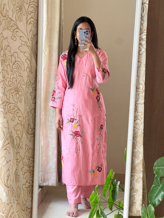 A0434 baby pink Vatican silk 2 piece dress with hand embroidery detailing