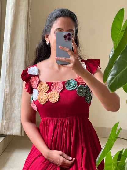 A0505 red chinnon one piece dress with multi colour floral applique work detailing on yoke part