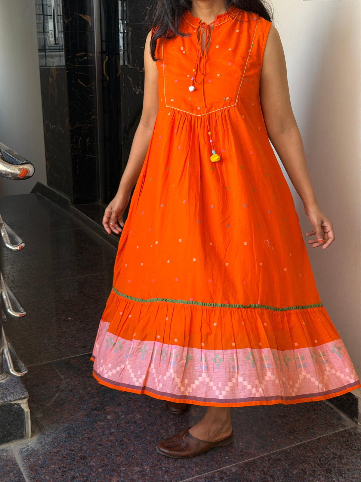 A0827 Jamdani orange dress with hand kanta work