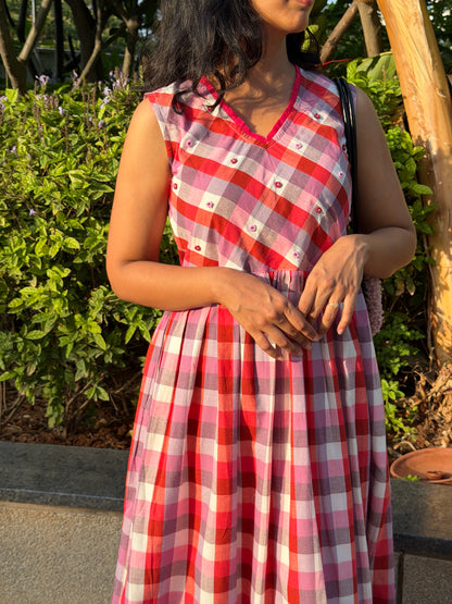 A0763 Pure cotton Red and white checks dress with hand embroidery flowers