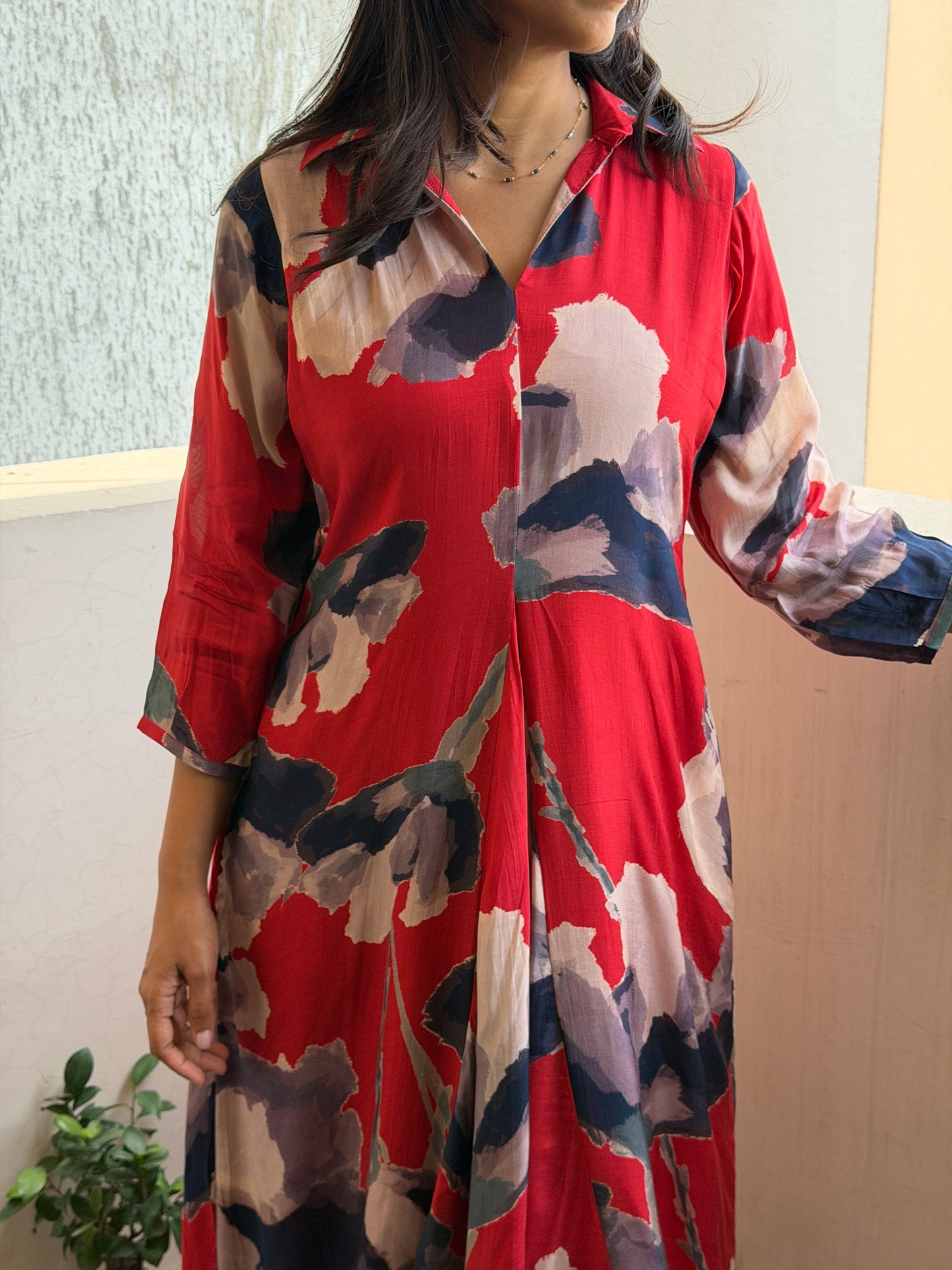 A0782 Red Cotton Silk in abstract print, with black and brown touch