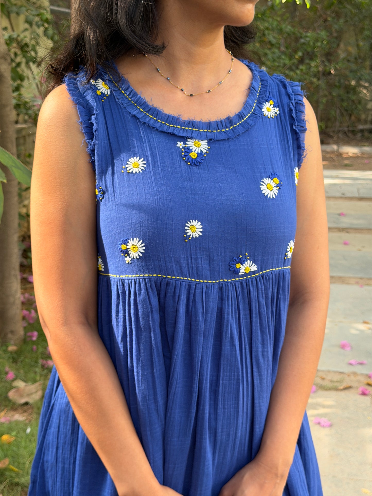 A0765 blue cotton one piece dress with hand embroidery detailing on yoke part