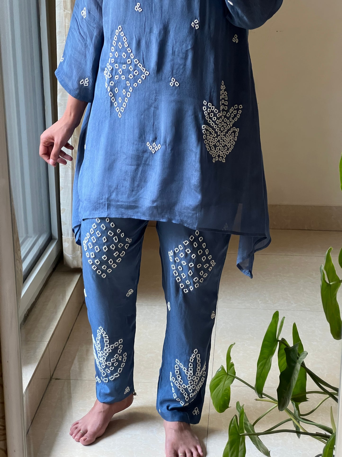 A0428 blue chinnon coord set with pearl embroidery detailing all over the dress and pants