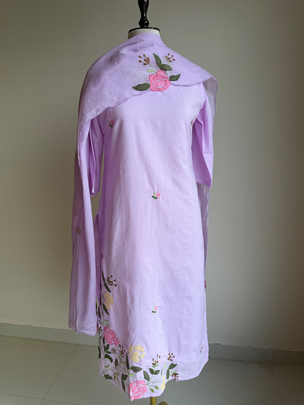 A0853 lavender mul cotton applique work 3 piece dress