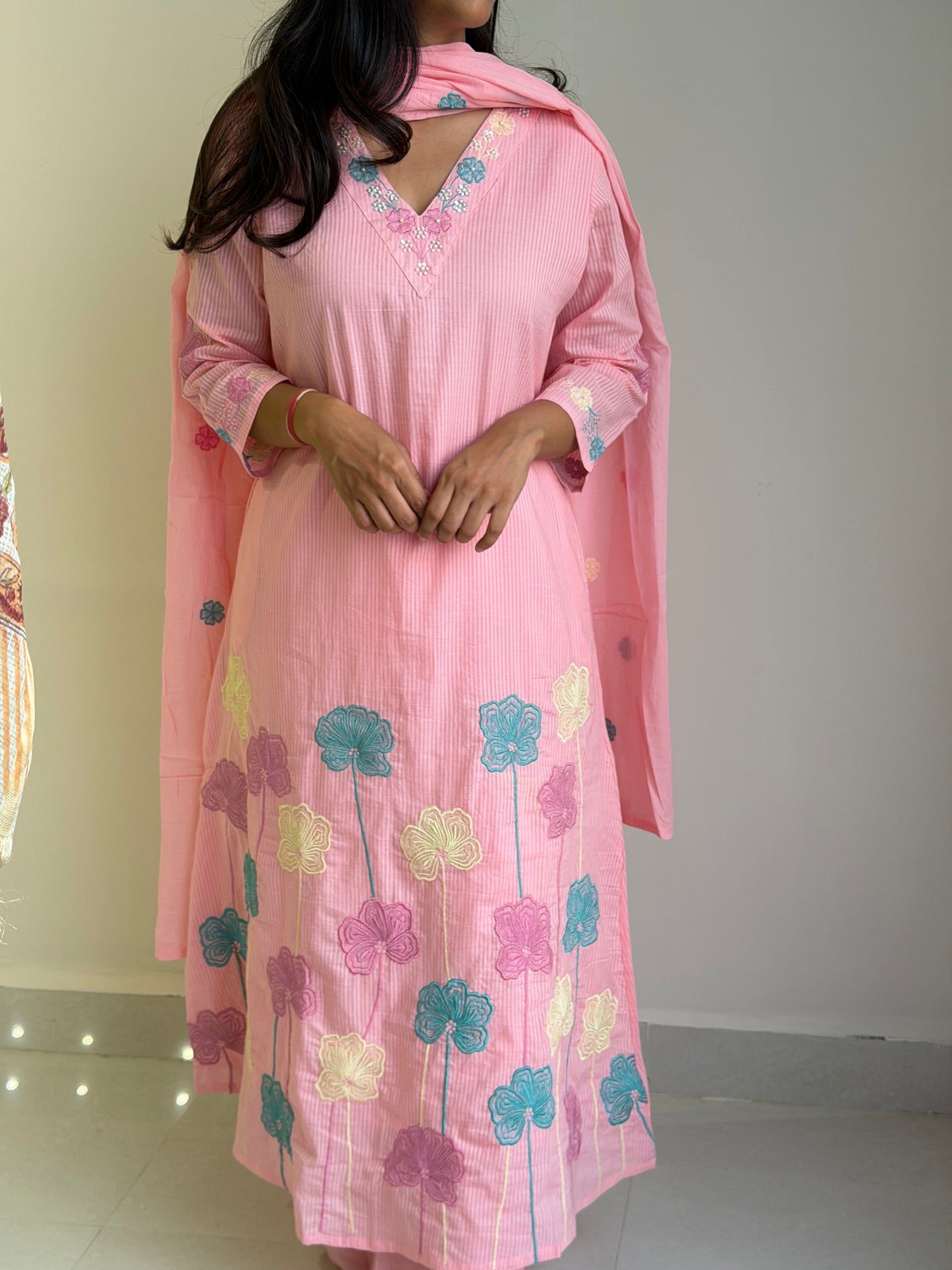 A0725 pink cotton 3 piece dress with floral machine embroidery detailing