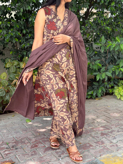 A0879 Beautiful Mauve shade kalamkari pure cotton 3 piece dress