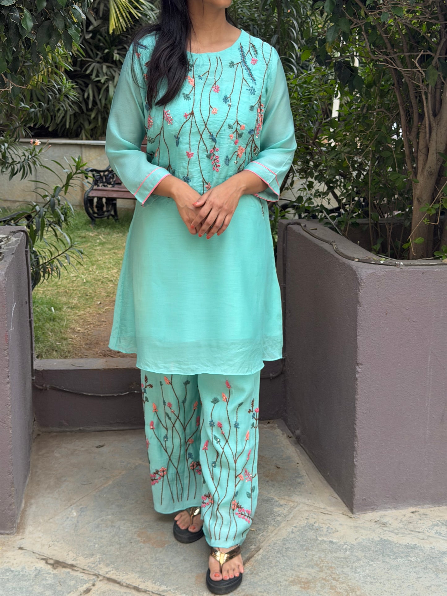 A0598 sea blue Mul chanderi coord set with hand embroidery detailing all over the neck & bottoms