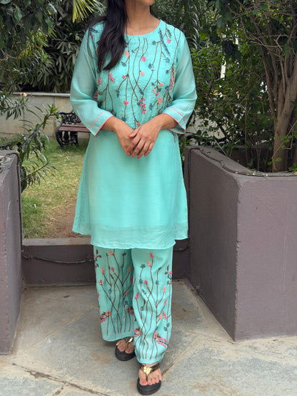 A0598 sea blue Mul chanderi coord set with hand embroidery detailing all over the neck & bottoms