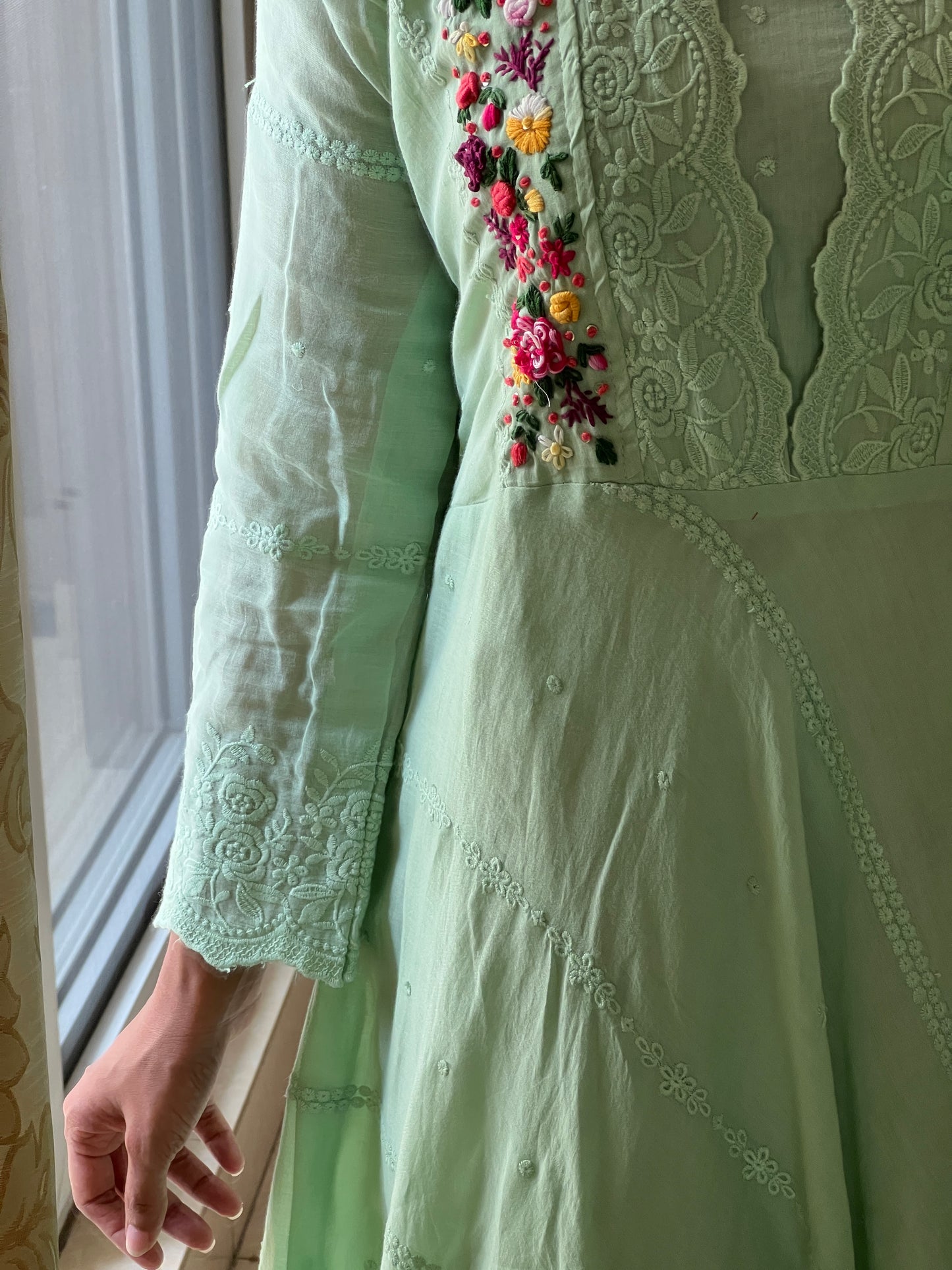 A0418 Mulmul pista green short frock with hand embroidery, lays detailing