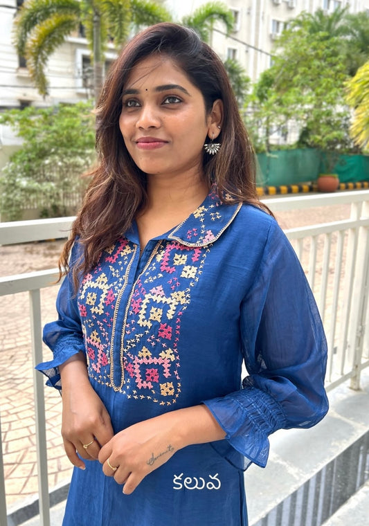 A0595 blue mul chanderi coord set with Kutch work embroidery