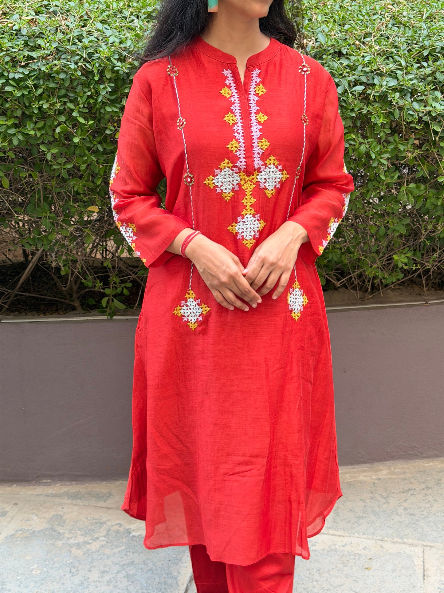 A0673 rust mul Chanderi 2 piece set with Kutch work hand embroidery detailing all over the top