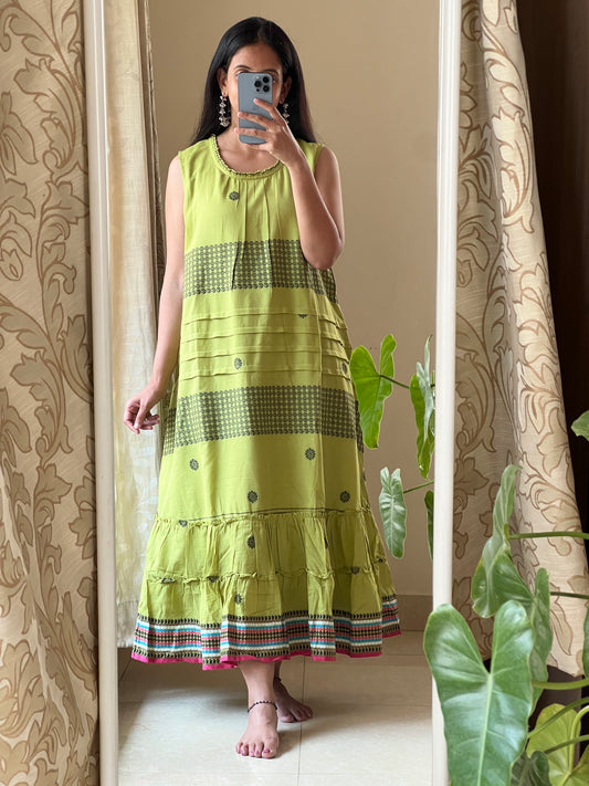 A0362 green Bengal cotton jamdani one piece dress