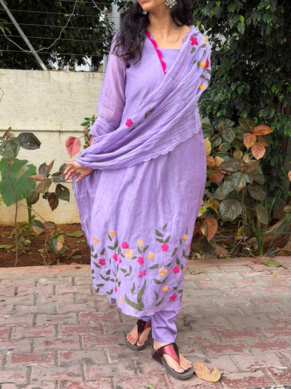 A0624 lavender mul chanderi 3 piece suit with applique work detailing