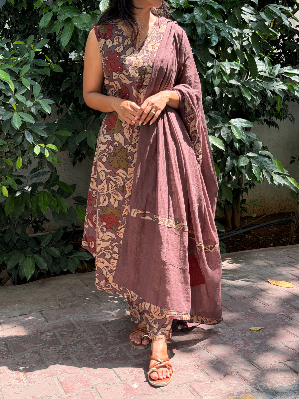 A0879 Beautiful Mauve shade kalamkari pure cotton 3 piece dress