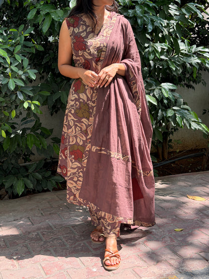 A0879 Beautiful Mauve shade kalamkari pure cotton 3 piece dress