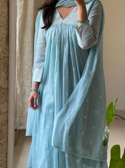 A0579 sea blue mul chanderi 3 piece dress with thread work embroidery over the neck & butties all over the dress & duppatta