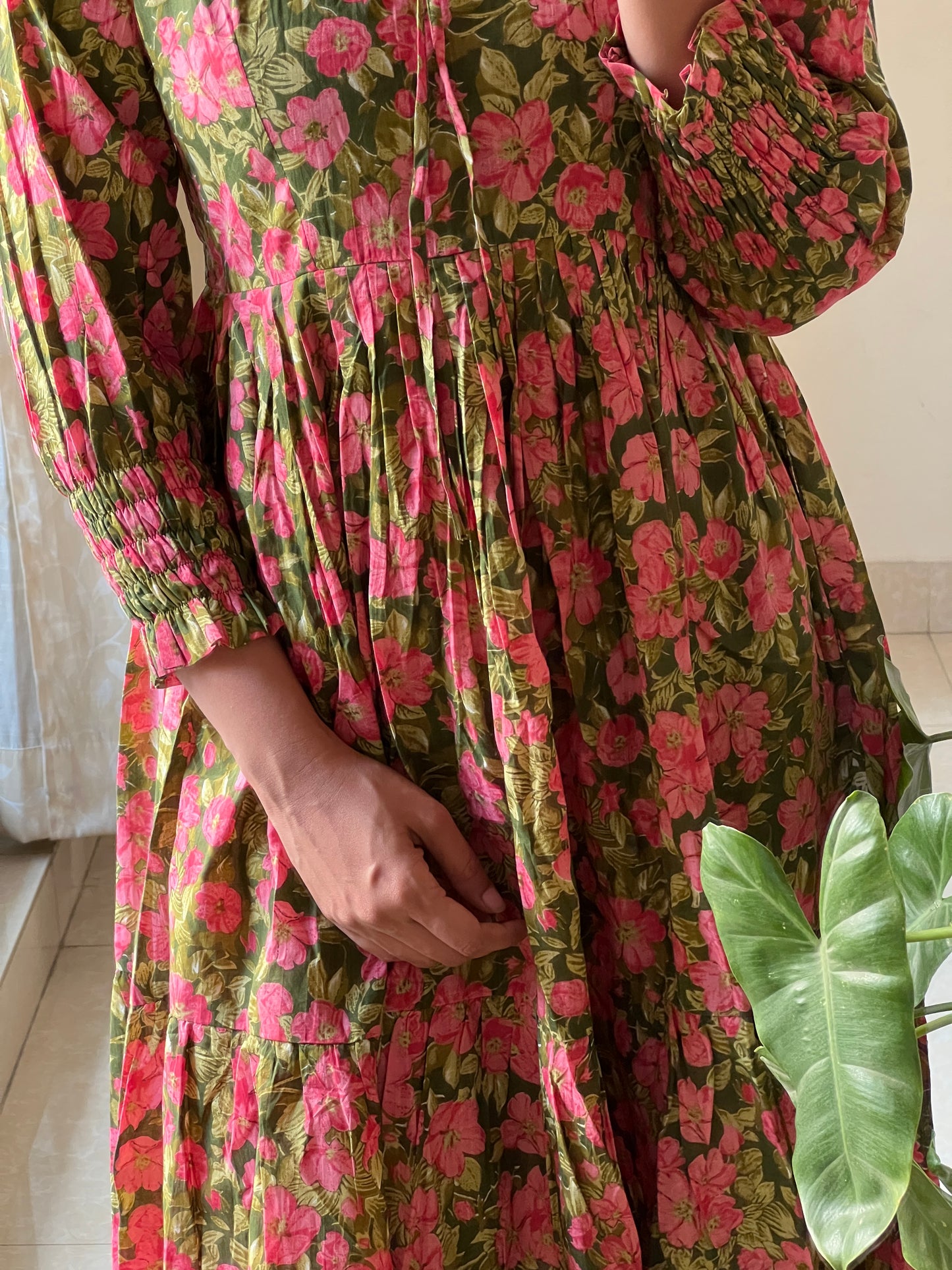 A0376 green & pink pure cotton Hand block prints summer frock