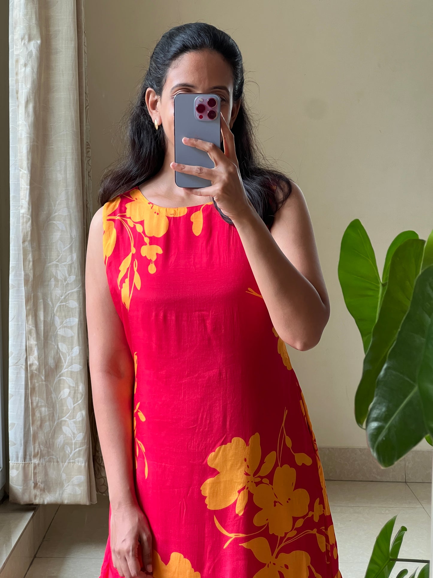 A0512  red & yellow cotton silk one piece dress with digital floral printed pattern, sleeves are provided inside