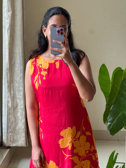 A0512  red & yellow cotton silk one piece dress with digital floral printed pattern, sleeves are provided inside