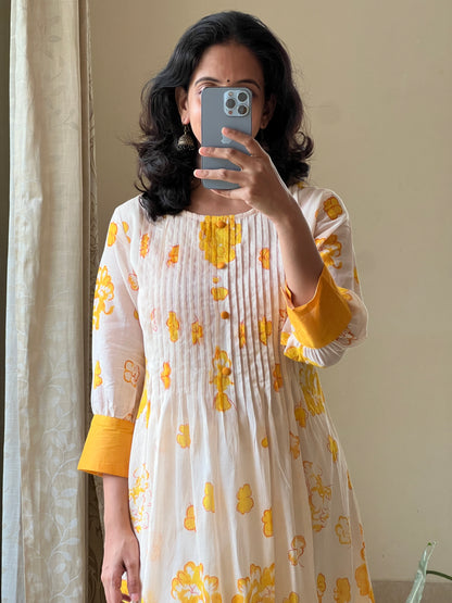 A0469 half white & yellow Mulmul cotton 2pc dress with block print floral detailing