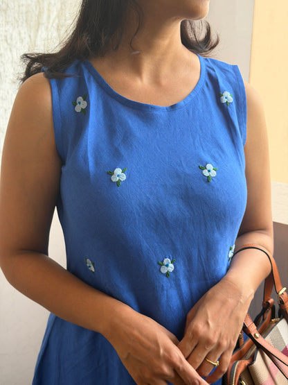 A0774 blue Linen a line dress with hand embroidery floral butties.