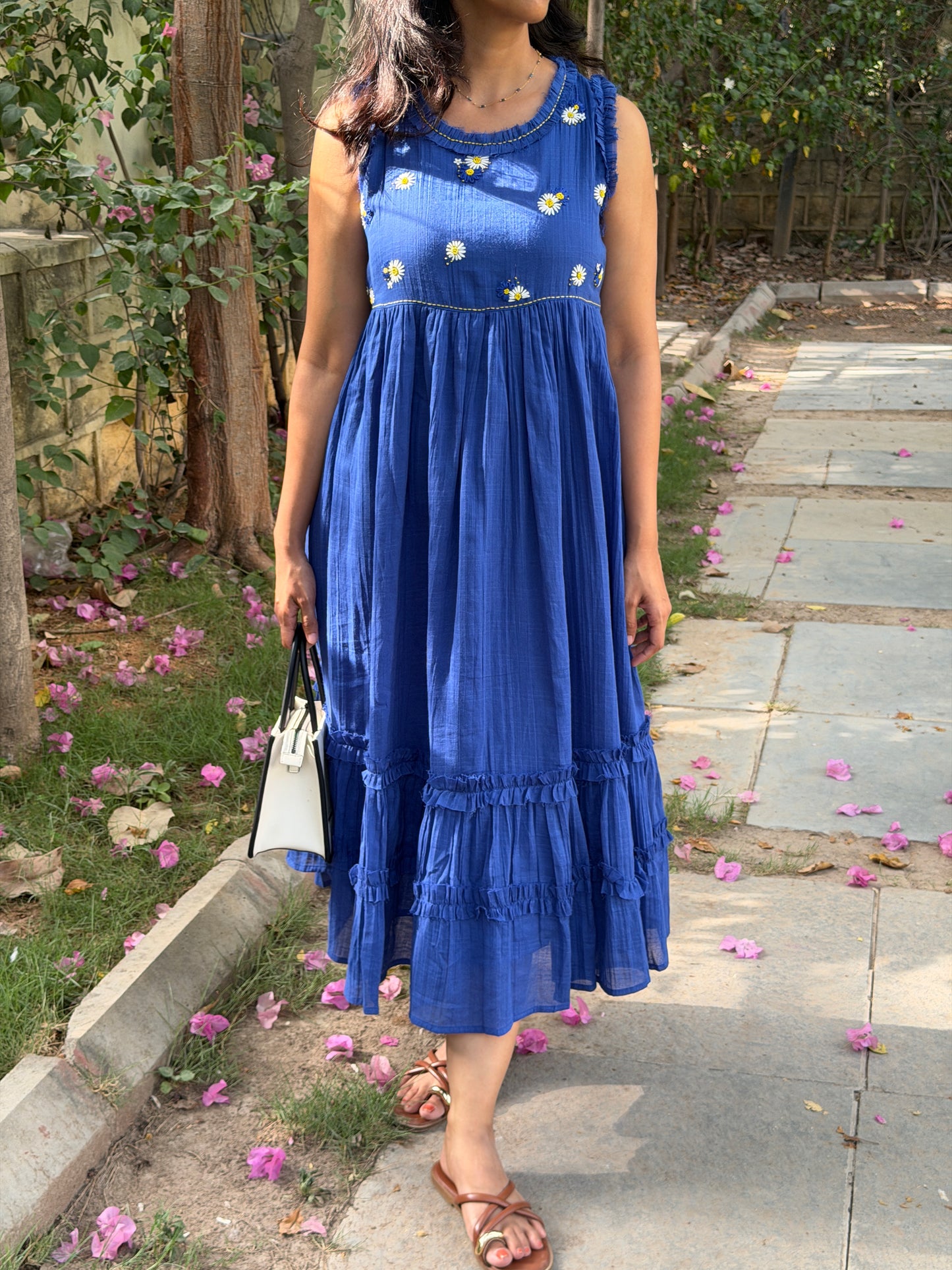 A0765 blue cotton one piece dress with hand embroidery detailing on yoke part