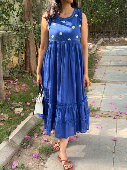 A0765 blue cotton one piece dress with hand embroidery detailing on yoke part
