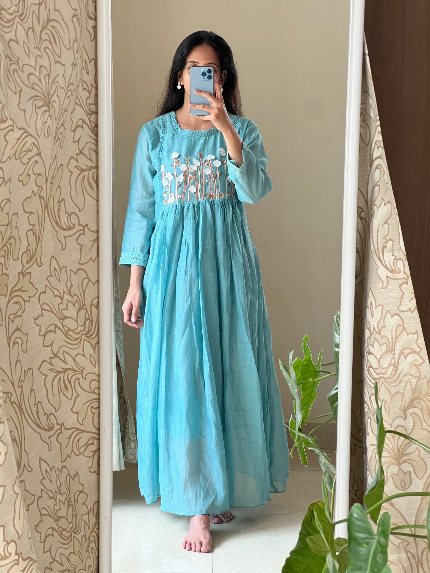 A0406 blue Mulchanderi one piece dress with applique and embroidery detailing