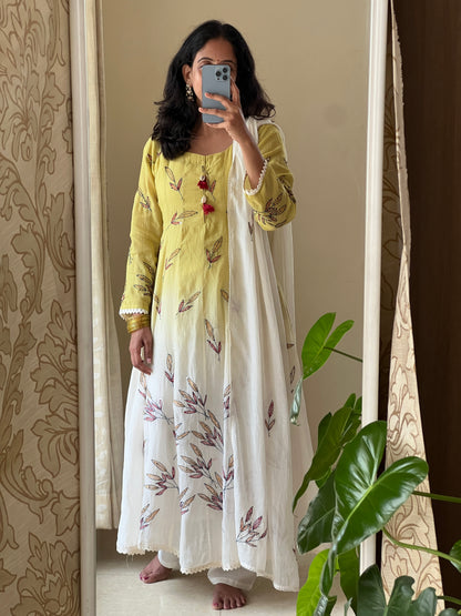 A0504 yellow & white shaded mul chanderi 3 piece dress with Kantha work detailing all over the dress