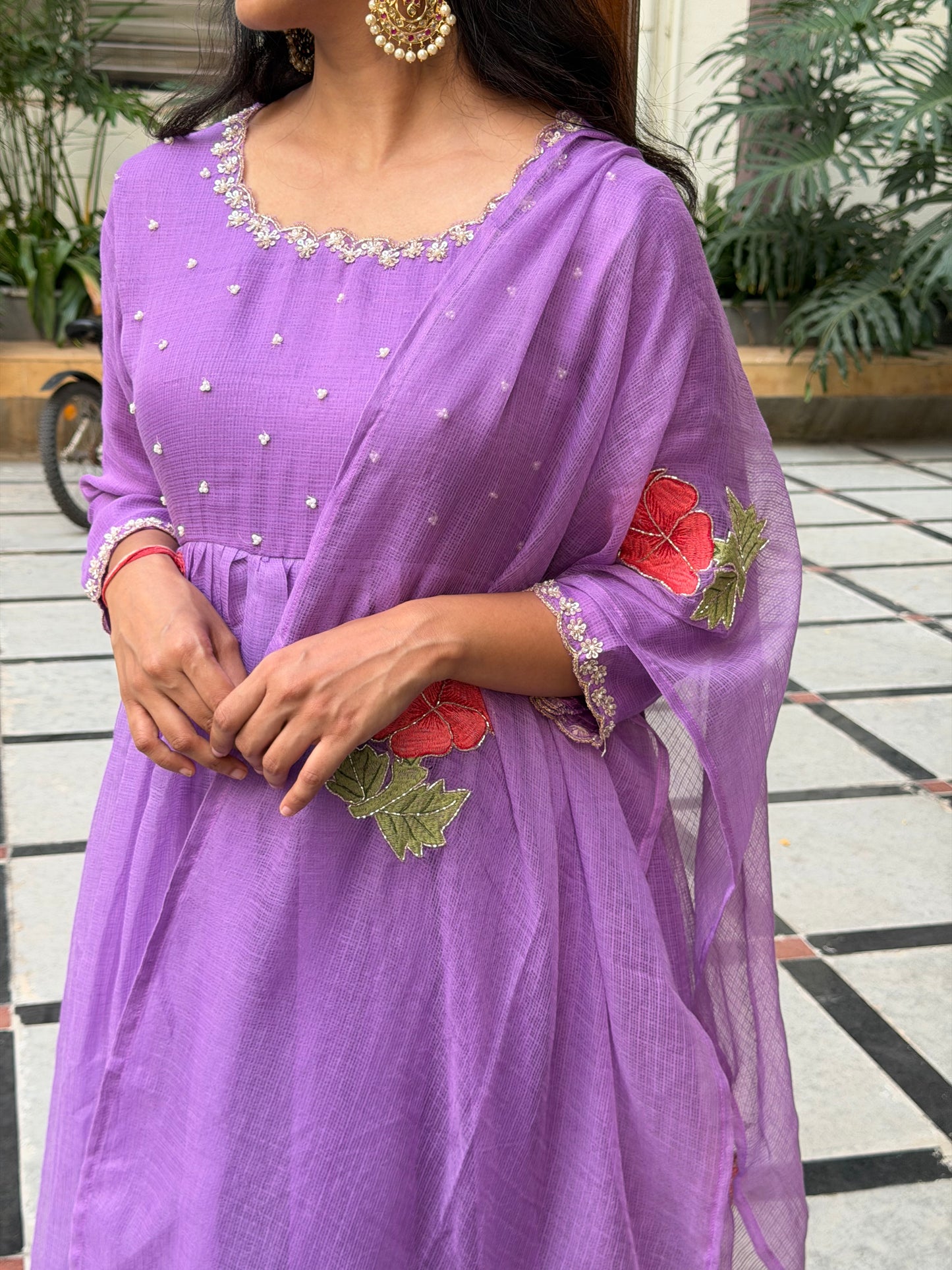 A0674 lavender Kota 3 piece dress with hibiscus butties embroidery all over the duppatta & pearl embroidery on yoke part