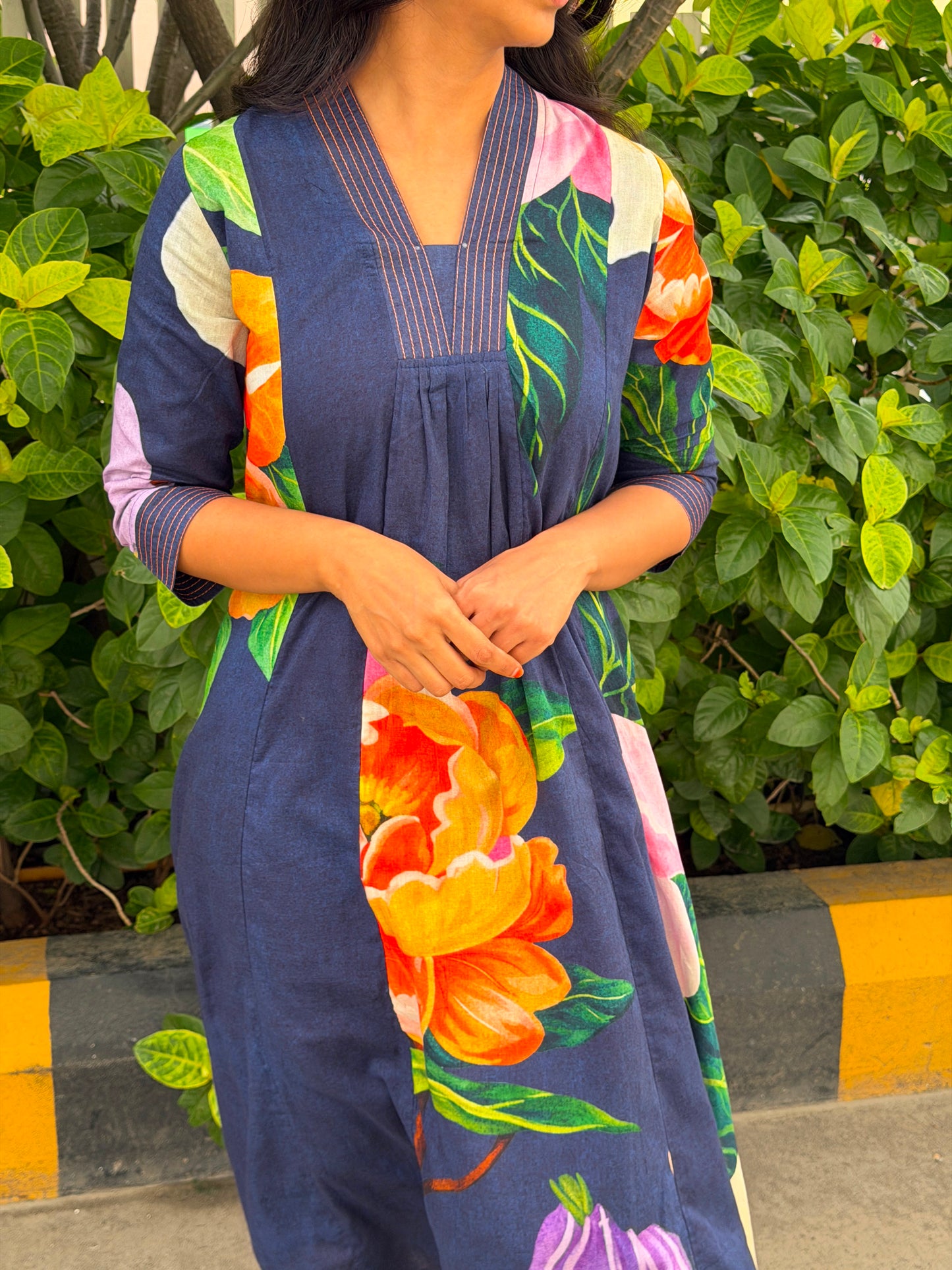 A0820 navy blue floral digital printed mul cotton dress