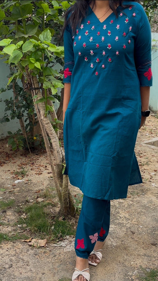 A0180 Blue handloom Cotton two piece set with rose hand embroidery and applique work detailing