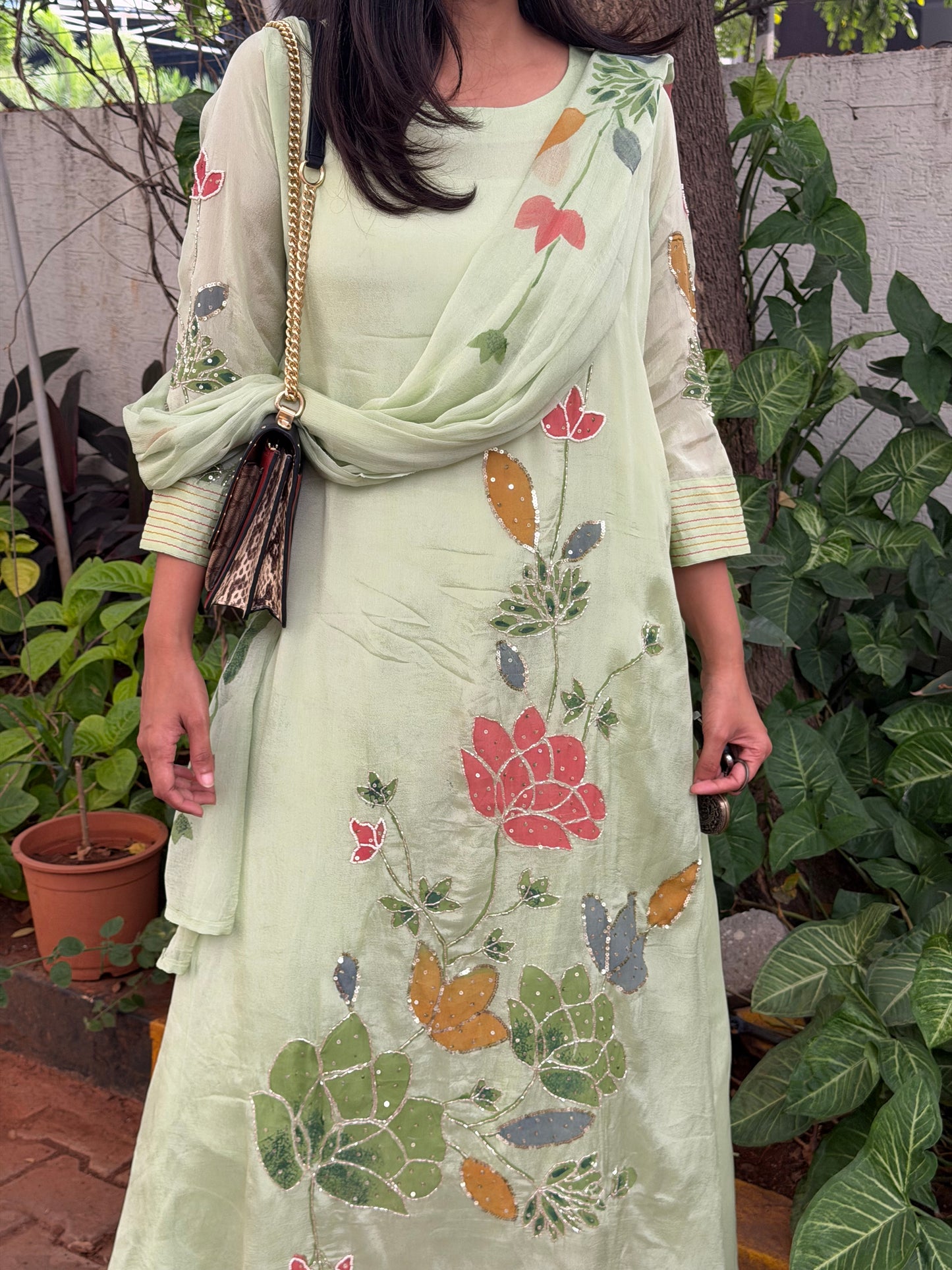 A0588 Pista Green hand painted 3pc set with beautiful shiffon duppata