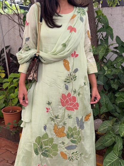 A0588 Pista Green hand painted 3pc set with beautiful shiffon duppata