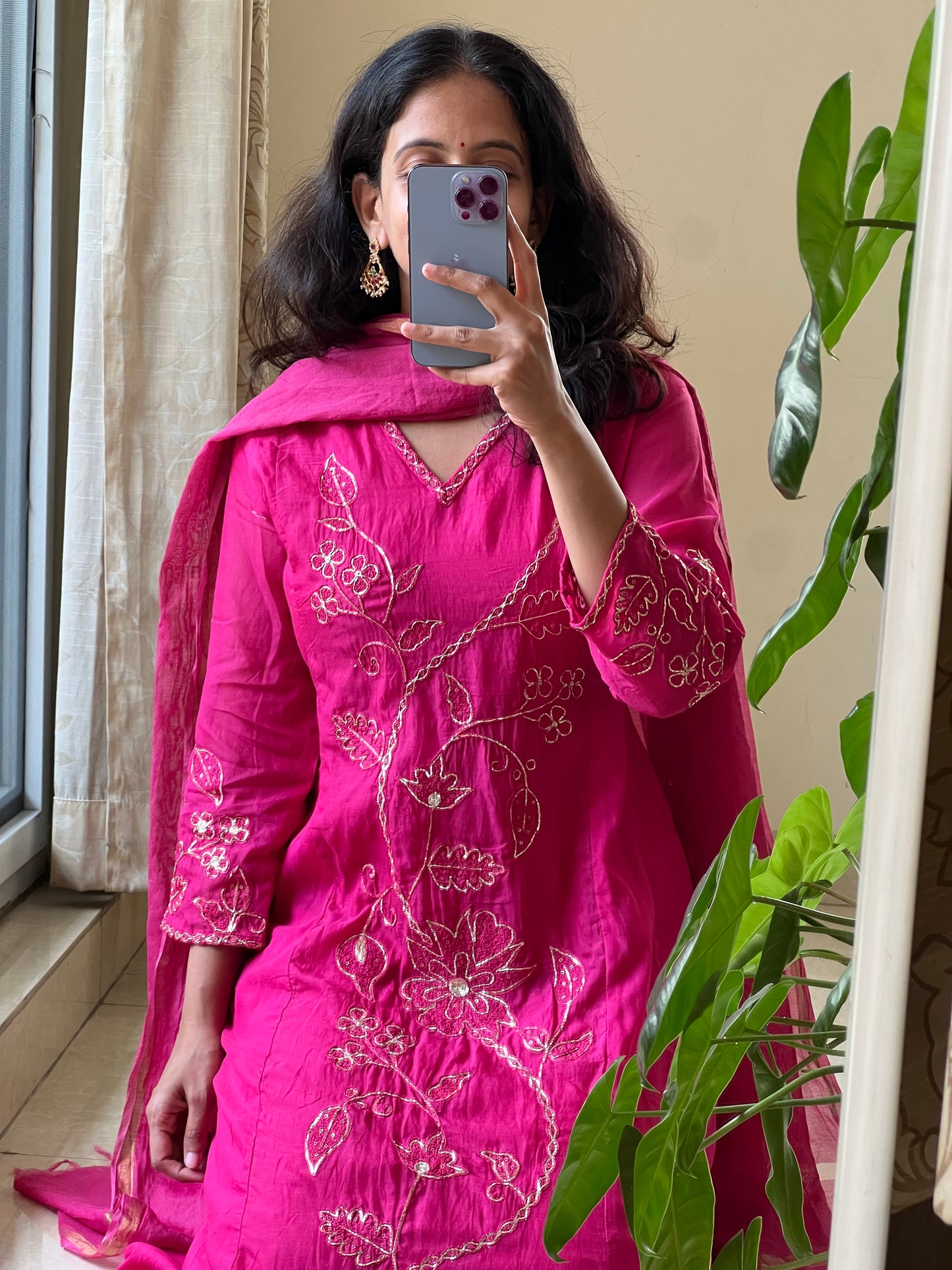A0523 pink mul chanderi 3 piece dress with hand embroidery and pitta work all over the dress