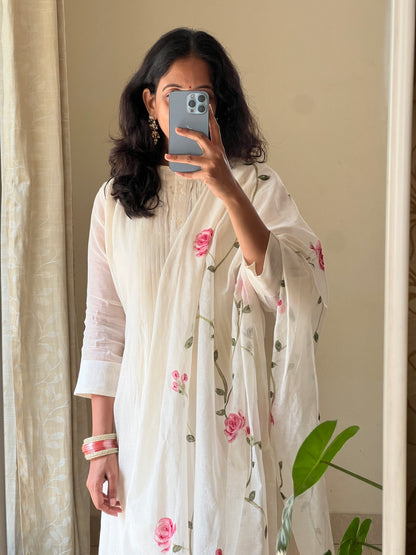 A0498 white Mulchanderi 3 piece dress with rose hand paint & hand embroidery detailing all over the duppatta & dress