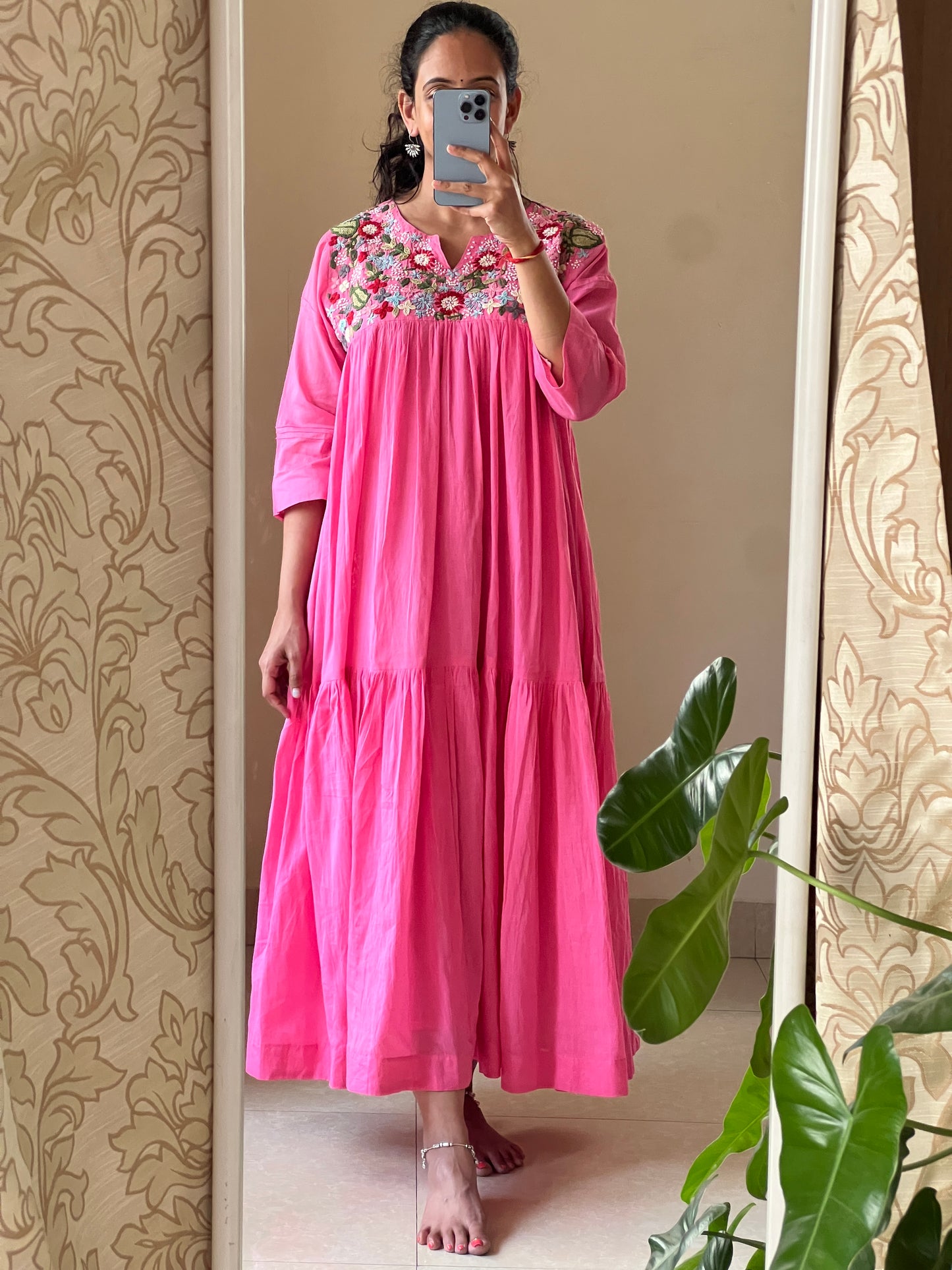 A0645 pink Mulmul one piece dress with hand embroidery detailing on yoke part