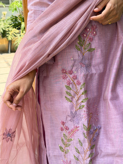 A0739 lavender matka chanderi straight cut 3 piece dress with Kantha work detailing all over the dress & butties all over the duppatta